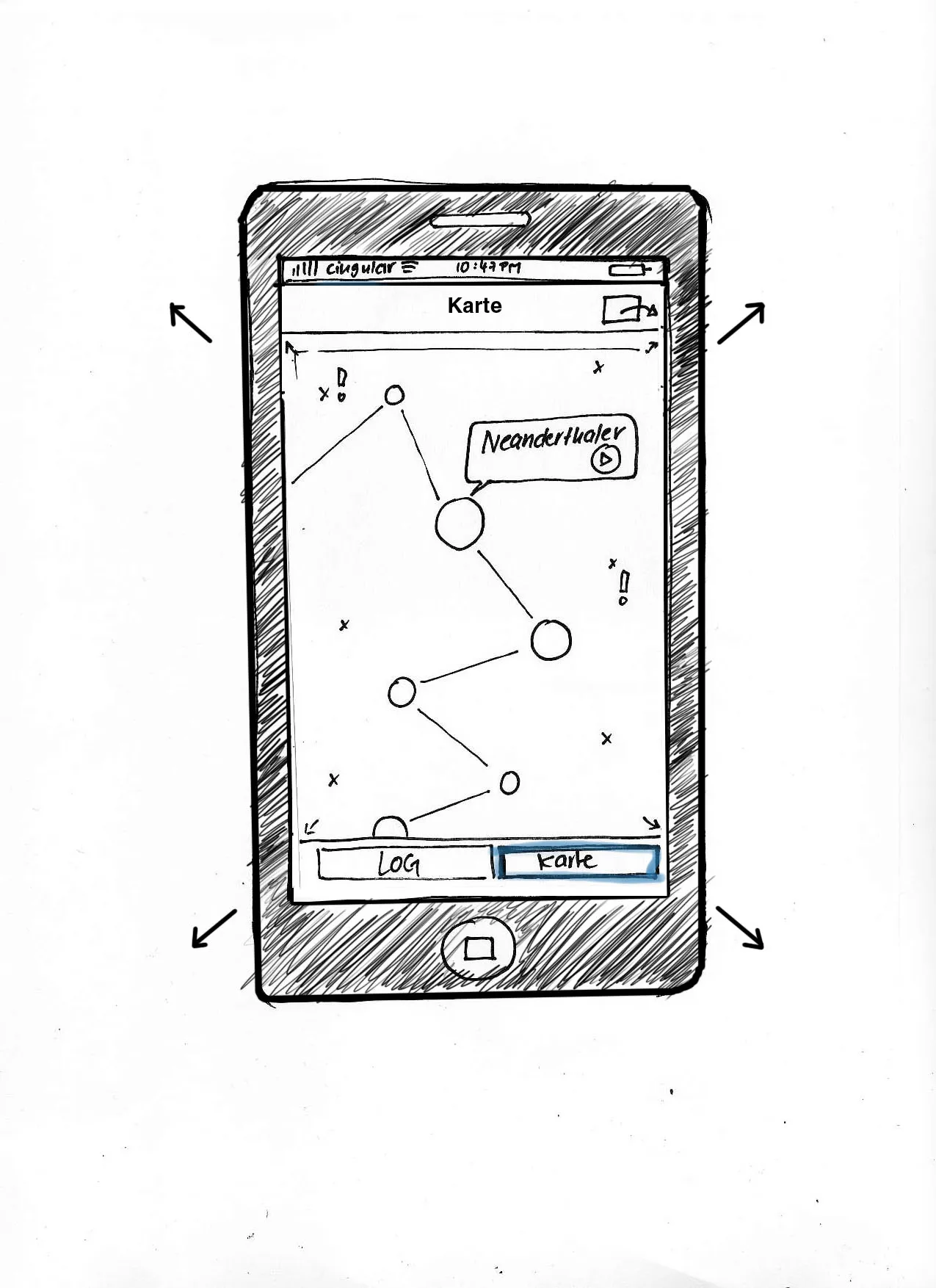 Pencil wireframe of the map view “Karte” on a sketched phone: stations as circles joined by lines, a speech bubble labelled “Neanderthaler” with a play button, tabs for Log and Karte at the bottom